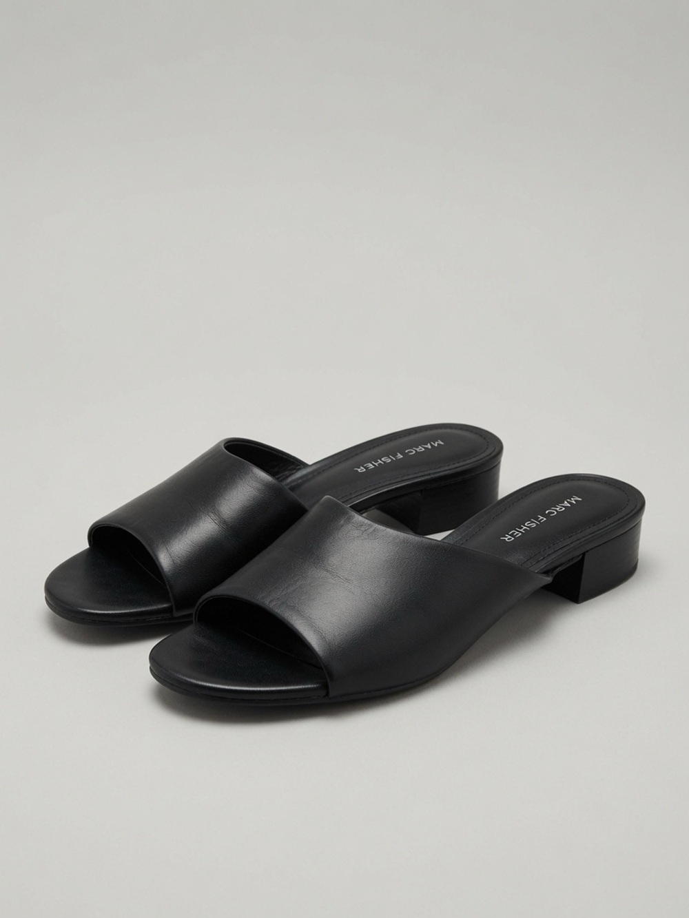 Marc Fisher Black Leather Slide Mules with Low Block Heel